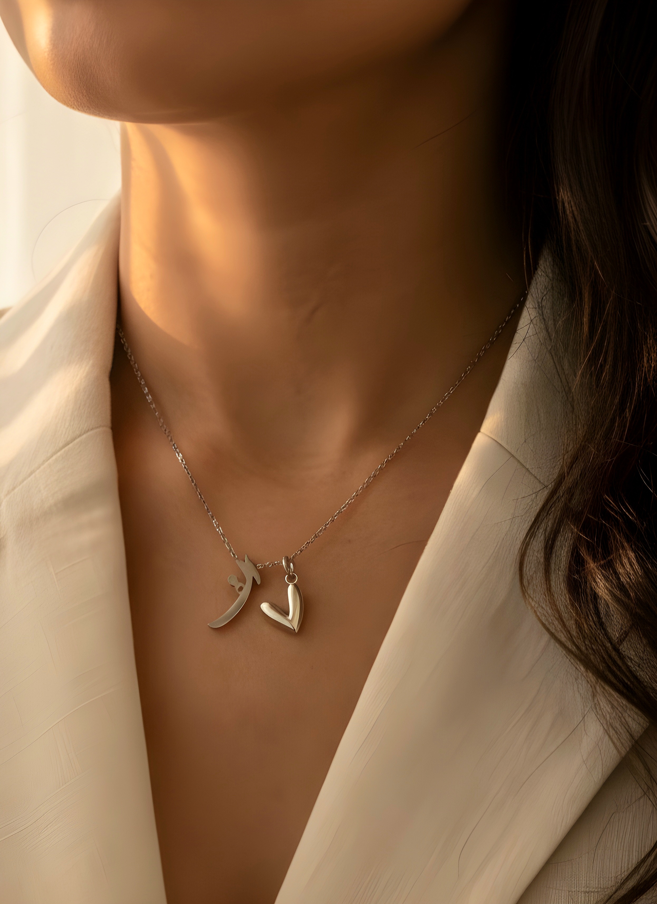 گردنبند نقره قلب و حرف فارسی الف