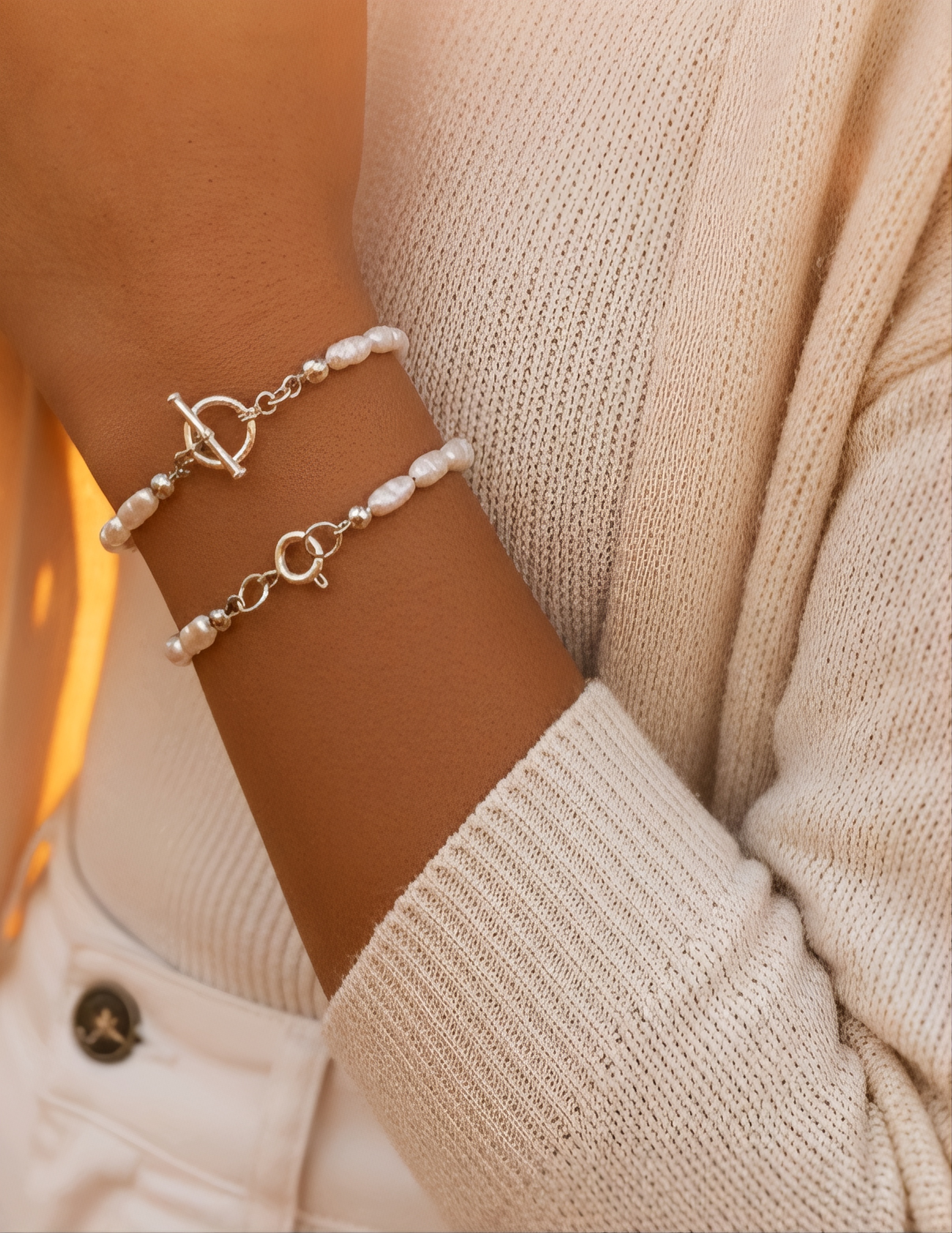 دستبند نقره و مروارید پرورشی