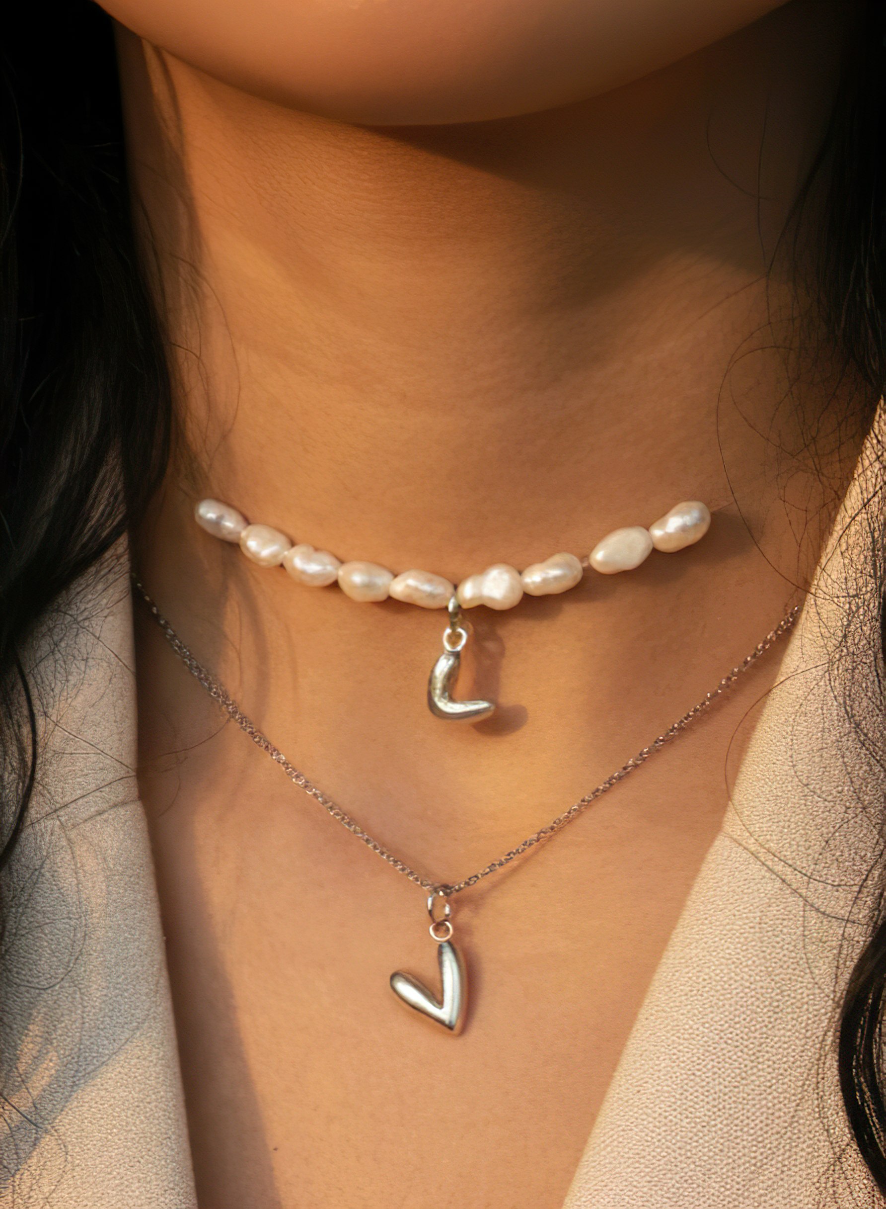 گردنبند قلب نقره و مروارید پرورشی